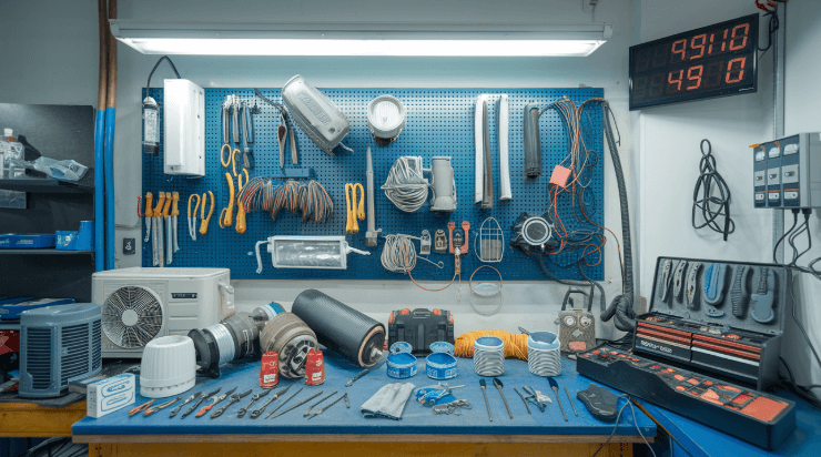 Complete AC tool kit with equipment for air conditioner repair and maintenance, used by technicians for efficient service